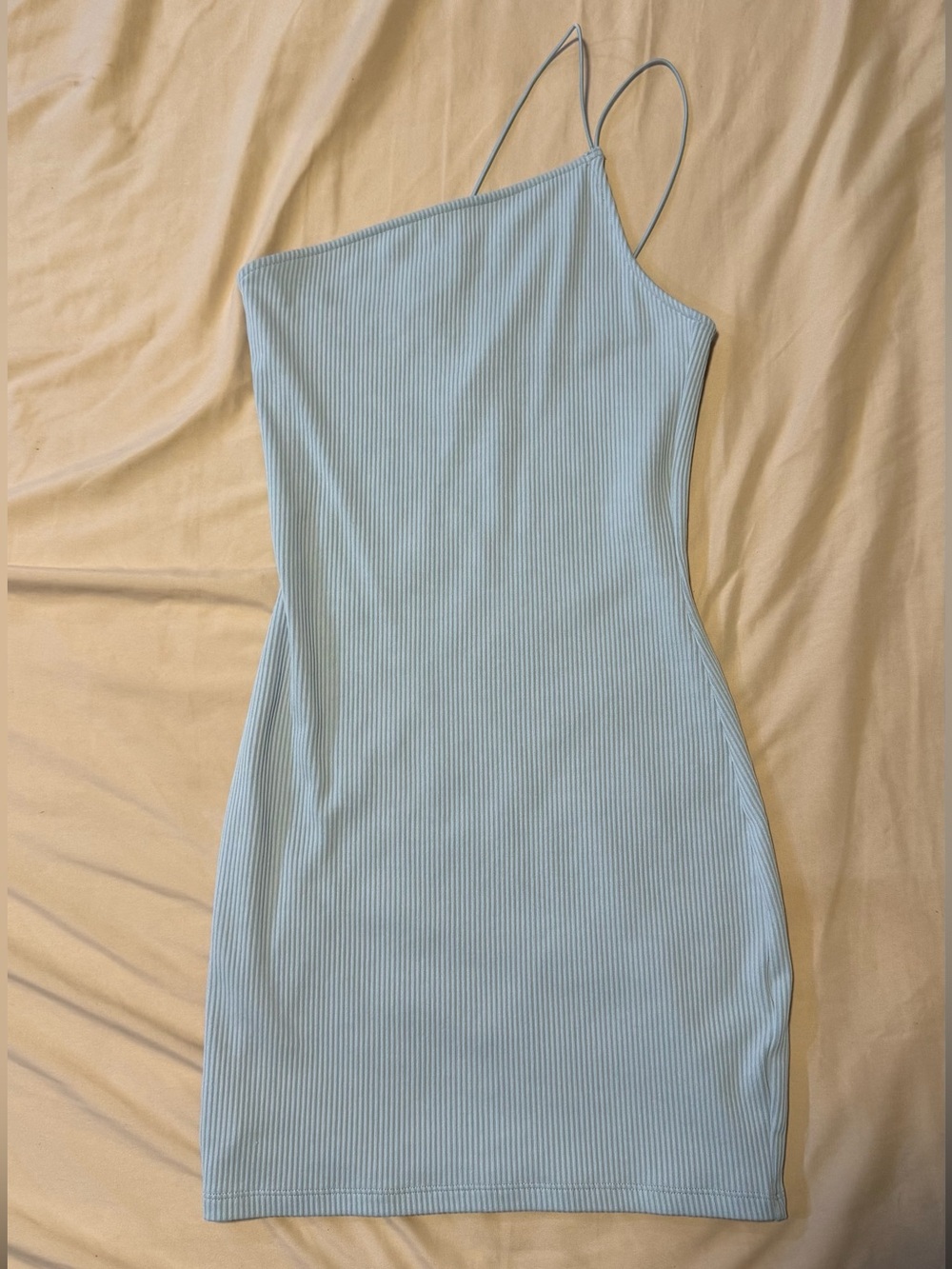 H&M Light Blue One-Shoulder Ribbed Slip Dress